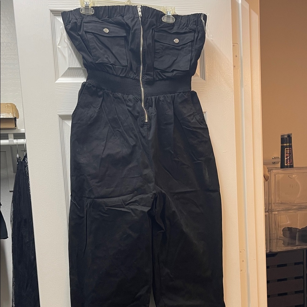 Strapless Black Jumpsuit with Front Zip